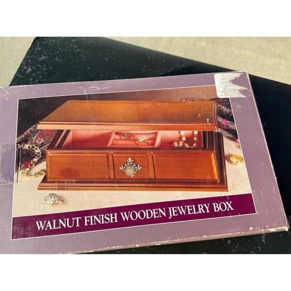 case-mate Other - Walnut Finish Wooden Jewelry Box Mirror Lined Compartments Storage Case